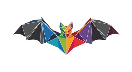 Obraz premium Colorful low-poly graphic of a bat with spread wings, geometric design, isolated on white