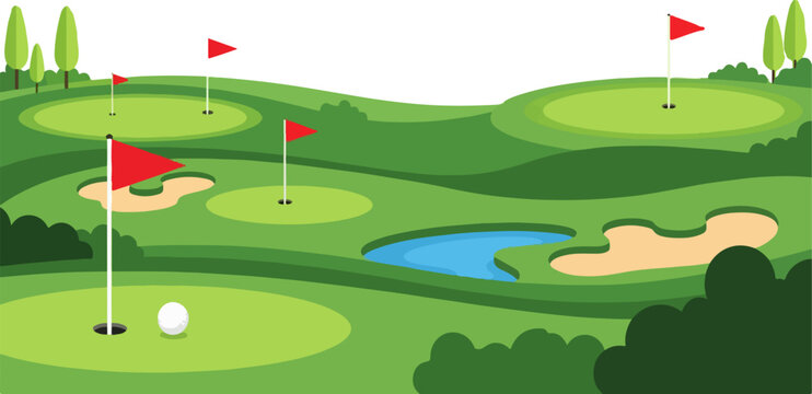 Golf course with green hills, sand traps, water hazards, and red flags vector eps illustration.