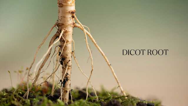 Dicot root with long thin roots growing out of soil with green moss  plant anatomy and biology