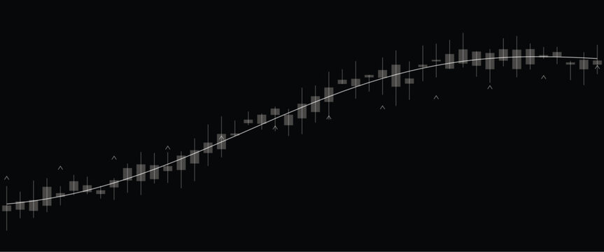 Financial candlestick chart with trend line and buy signals on a dark background vector illustration