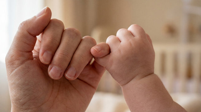 A tender close-up shot of a tiny newborn hand gripping an adult's little finger in a symbolic pinky swear gesture.