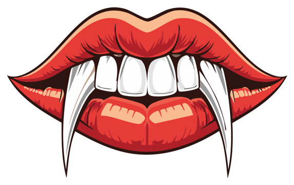 Cartoon lips with sharp fangs, red lipstick, vampire concept