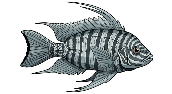 Detailed illustration of a striped cichlid fish shows its unique fin patterns and scales as a popular aquarium specimen.