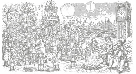 Obraz premium Detailed winter night market line art with city backdrop.