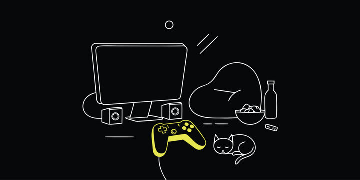 Black background illustration of gaming setup with computer, gamepad, speakers, snacks, and sleeping cat
