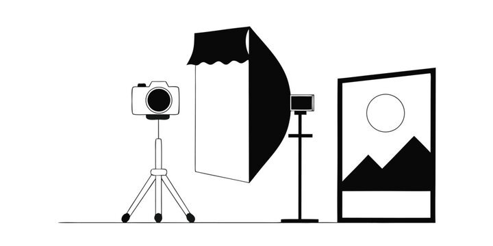 Photography production studio equipment with camera and softbox lighting