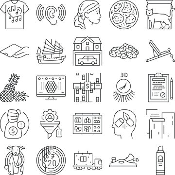Variety of contour icons illustrating concepts related to business, healthcare, technology, environment, lifestyle, everyday objects, and human senses on a white background