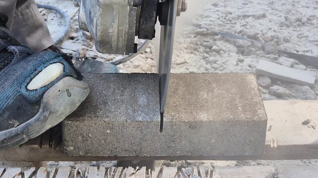Close up front view of a worker using a stone cutter power tool to cut a paving brick in half