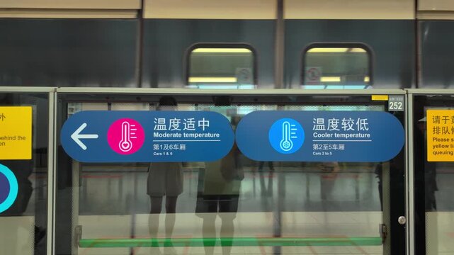  Information sign on a Shenzhen Metro platform showing train cars with different air conditioning temperatures.