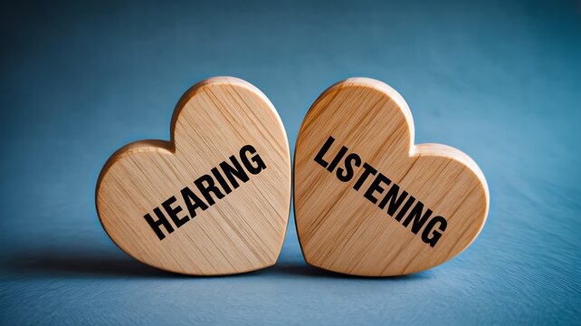 Hearing and listening wooden hearts representing communication and interpersonal skills