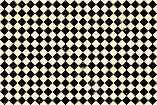 Vintage Distressed Harlequin Diamond Checkerboard Seamless Pattern, Black and White Geometric Rhombus Background, Retro Argyle Texture for Textile Fabric Wallpaper Wrapping Paper Fashion Apparel Inter
