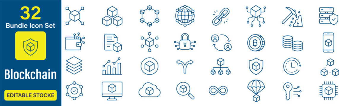 Blockchain Vector Outline Icons Set &ndash; Cryptocurrency, Blockchain Technology, Web3, Distributed Ledger, Smart Contract, Crypto Security, Decentralized Network and Digital Asset Line Symbols Collection