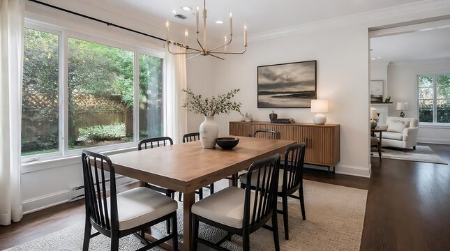 Elegant Dining Room with Large Window and Modern Chandelier.