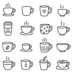 Fototapeta premium Minimalist Beverage Cup Illustrations. Diverse hand drawn mug sketches representing morning warmth and caffeine rituals through simple doodle art depicting cozy comfort.