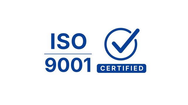 ISO 9001 Quality Management System with certified badge icon and blue checkmark with text on a transparent background, ISO 9001 certification 4k alpha channel.