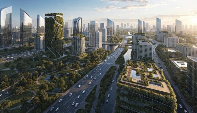 Verdant skyscrapers and urban sprawl in a futuristic city