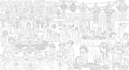 Obraz premium Intricate line art of a crowded Buddhist festival celebration.