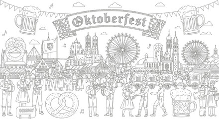 Obraz premium Oktoberfest beer festival panoramic line art celebration scene.
