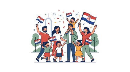 Fototapeta premium Happy Croatian Family Celebrating with Flags and Confetti