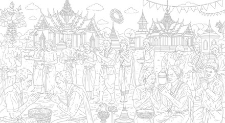Obraz premium Detailed line art of Songkran water festival in Thailand.