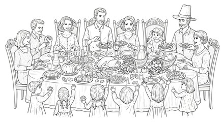 Obraz premium Extended family gathered for a traditional Thanksgiving holiday meal.