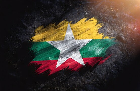 Grunge Painted Myanmar Flag With White Star Brushstroke On Dark Textured Background