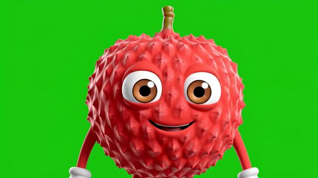 Animated lychee character waving hello with expressive eyes in a studio setting with green screen for easy compositing