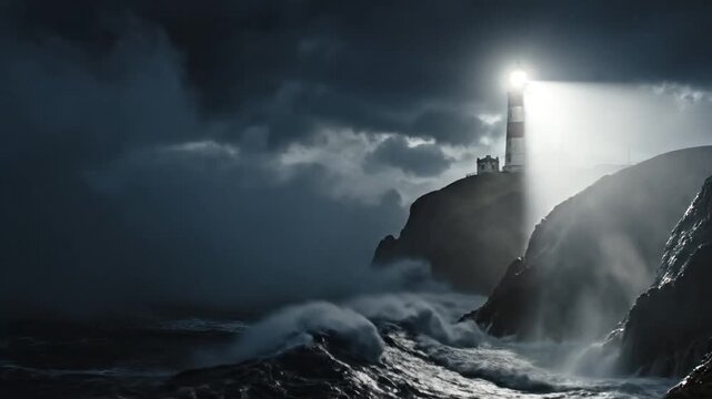 Dramatic lighthouse on a rocky cliff shining a bright beam of light over stormy ocean waves during a dark night