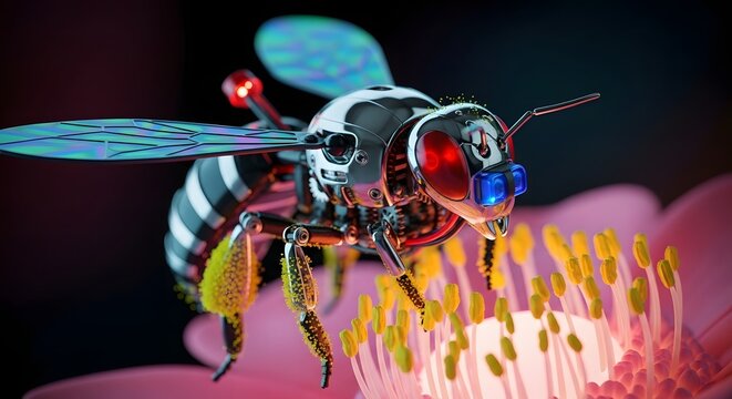 Robotic bee with metallic exoskeleton perched on a pink flower rendered in 3d