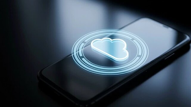 Cloud Computing Security Concept: Glowing Holographic Cloud Icon and Secure Circular Frame Floating Over Smartphone in Dark Moody Setting