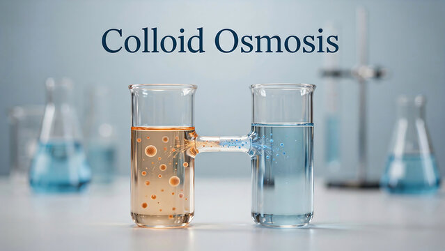Colloid osmosis process with two beakers and connecting tube on laboratory table with other glassware in background