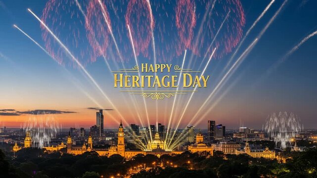Happy heritage day celebration with fireworks over city skyline 4K Ai HD high quality video.