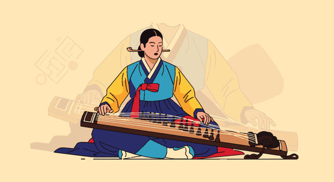 Traditional Korean musician playing gayageum zither in hanbok attire.