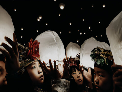 Children holding lanterns above head, pastel lights glowing within