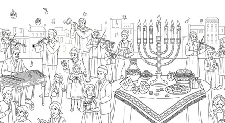 Obraz premium Hanukkah family celebration line art with menorah and musicians.