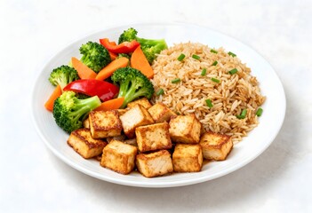 Fototapeta premium Healthy chinese platter with fried rice tofu and stir fried vegetables traditional vegetables