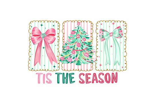 Tis The Season Retro Christmas Greeting with Bows and Tree Sublimation Design