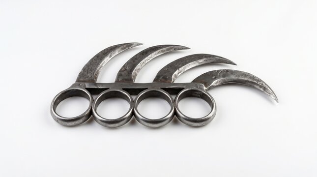 Brass knuckle duster on white background, metal self-defense weapon