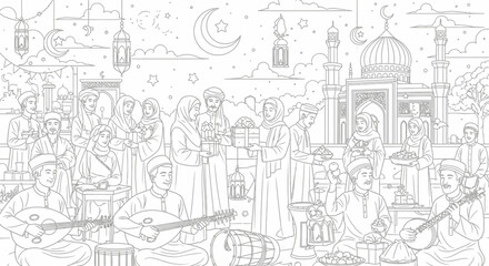 Obraz premium Crowded Eid celebration at a mosque courtyard line art.