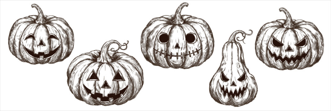 Collection of vintage Halloween pumpkins with carved faces in engraving style. Hand drawn jack o lantern illustrations isolated on white background