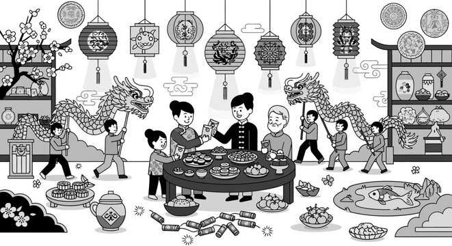 Traditional Chinese family reunion dinner with dragon dance illustration