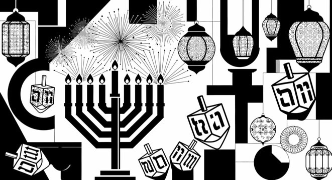 Abstract Hanukkah pattern with menorah and dreidel symbols.