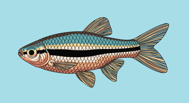 Small glowlight rasbora fish with a distinctive black horizontal stripe is illustrated against a light blue background.