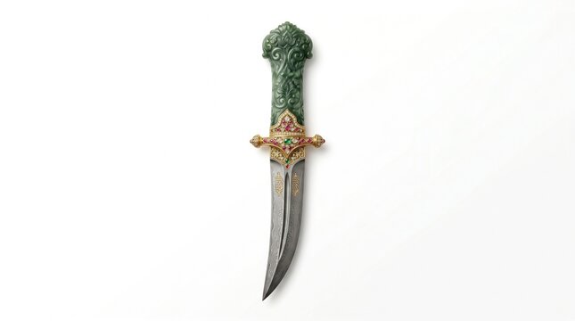 Antique ornate dagger with carved green jade handle, traditional ceremonial khanjar knife with gold details, oriental historical weapon isolated on white