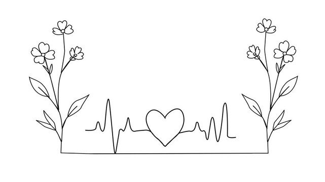 Creative abstract line art of romantic love heartbeat flower shape, with clean minimalist stroke on white backdrop, smooth handwriting style animation of simple continuous asset. 4k video