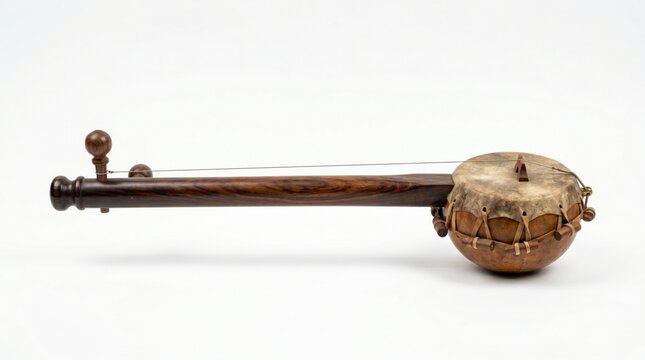 Indian Ektara Musical Instrument Traditional Stringed Folk Music Device Cultural Heritage Artifact Rhythmic Performance Equipment Isolated White Background Studio Copy Space