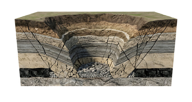 3D geological cross section of a mine subsidence bowl profile, suitable for science education, isolated on white background