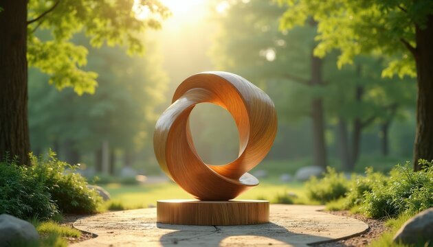 Abstract wooden sculpture rests on podium in sunlit park. Smooth, polished wood form evokes infinity loop. Rich green trees and soft sunlight create peaceful, tranquil atmosphere.