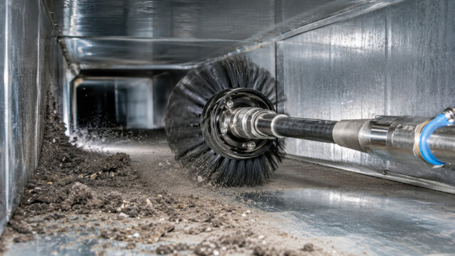 Rotating brush cleaning dirty air duct interior, dust and debris removal, industrial ventilation maintenance equipment close up detail