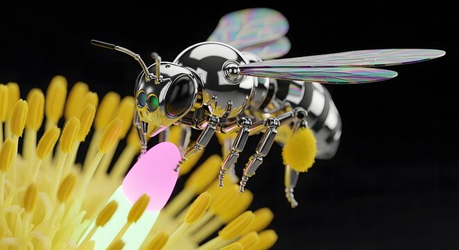 Metallic robotic bee with iridescent wings rests on a yellow floral structure 3d rendering